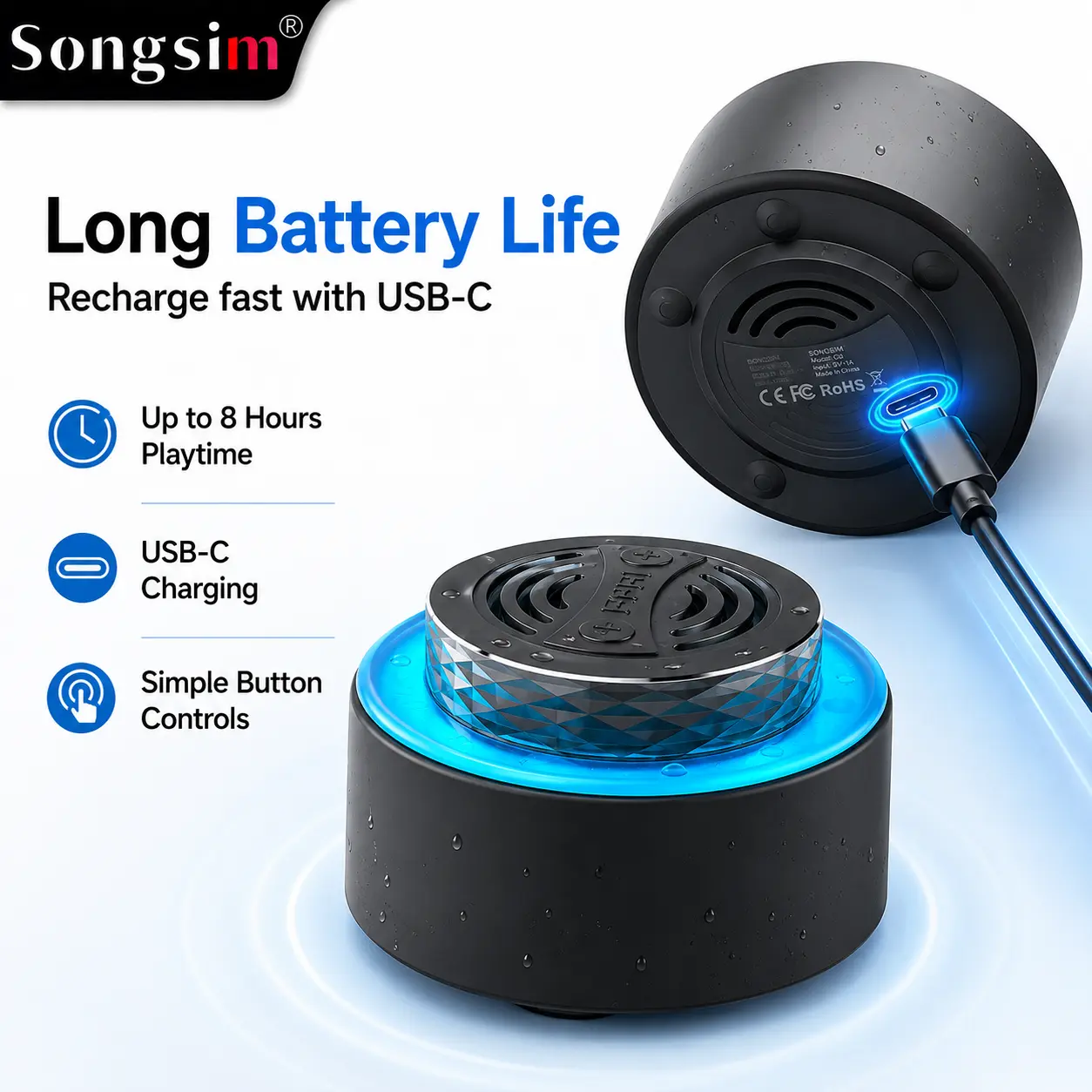 Songsim IP67 Waterproof Bluetooth Shower Speaker with Suction Cup, RGB Light, TWS Stereo Pairing, USB-C Rechargeable Mini Wireless Speaker for Bathroom, Pool & Outdoor