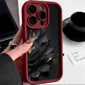 Aesthetic Black Gold Lotus iPhone Case for iPhone 17 16 Pro Max 15 Pro 14, Luxury Full Protection Shockproof Cover, Trendy Floral Phone Case