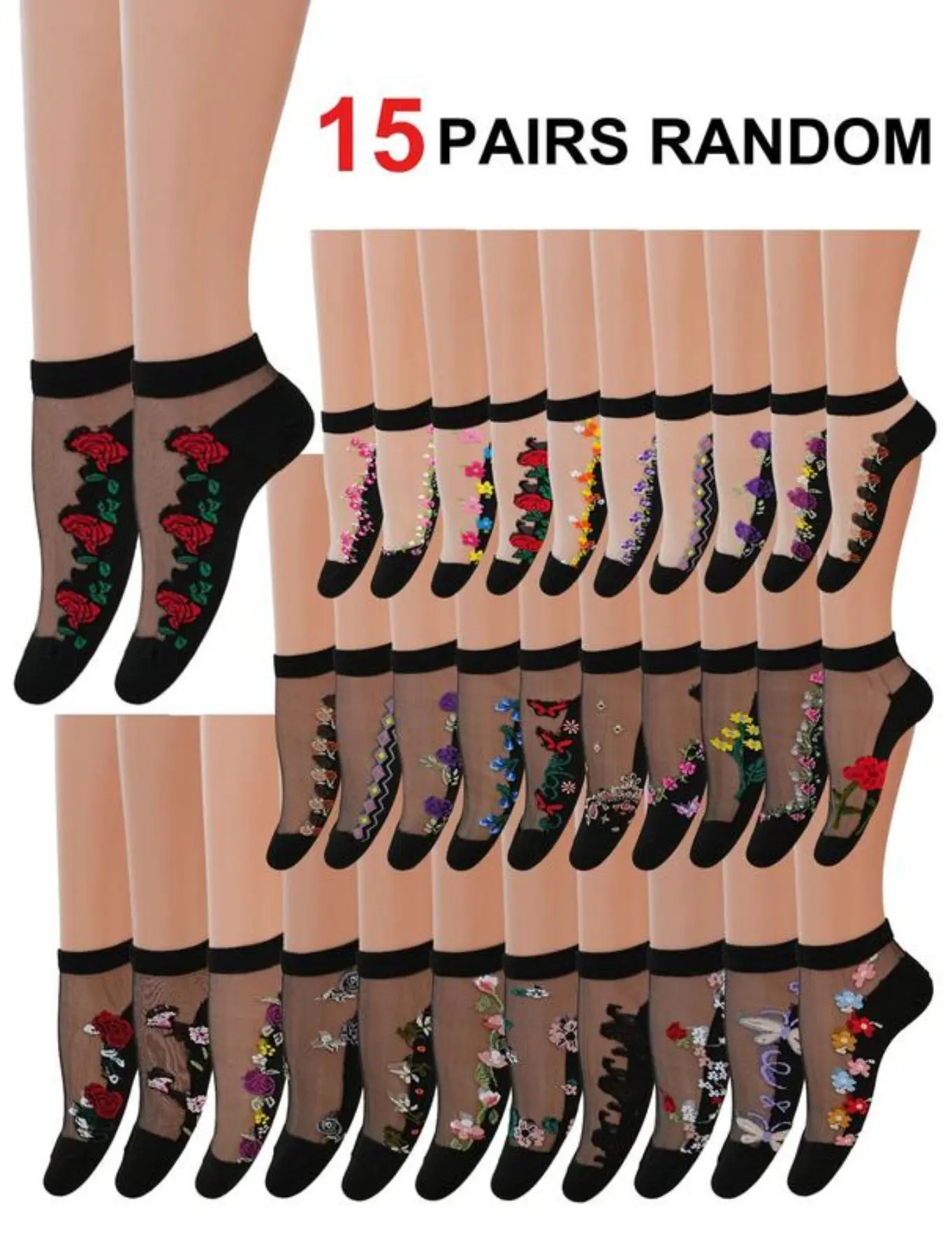 20 Pairs Women's Summer Breathable Sheer Floral Low Cut Socks, Thin Lightweight Crystal Silk Glass Fiber, Anti-Pill Floral Rose Embroidery, Cotton Bottom, Fashionable Trendy, Sexy Ice Sock, Socks Set
