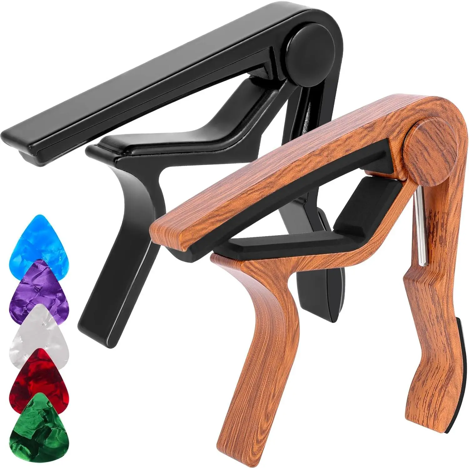 Guitar Capo 2-Pack - Complete Player's Package, Easy 1-Hand Operation, Gentle Padding, Spring Mechanism, 38-45mm Necks, Buzz-Free Sound, Lightweight for Acoustic & Electric 6-String Guitars, Black & Colored Capos with 5 Picks, Manufacturer Warranty