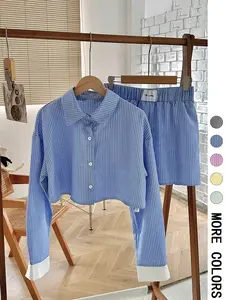 Women's Striped Print Button Front Shirt & Shorts Two-Piece Set, Casual Long Sleeve Collared Top & Shorts for Spring & Fall, Ladies Clothes for Daily Wear, Womenswear