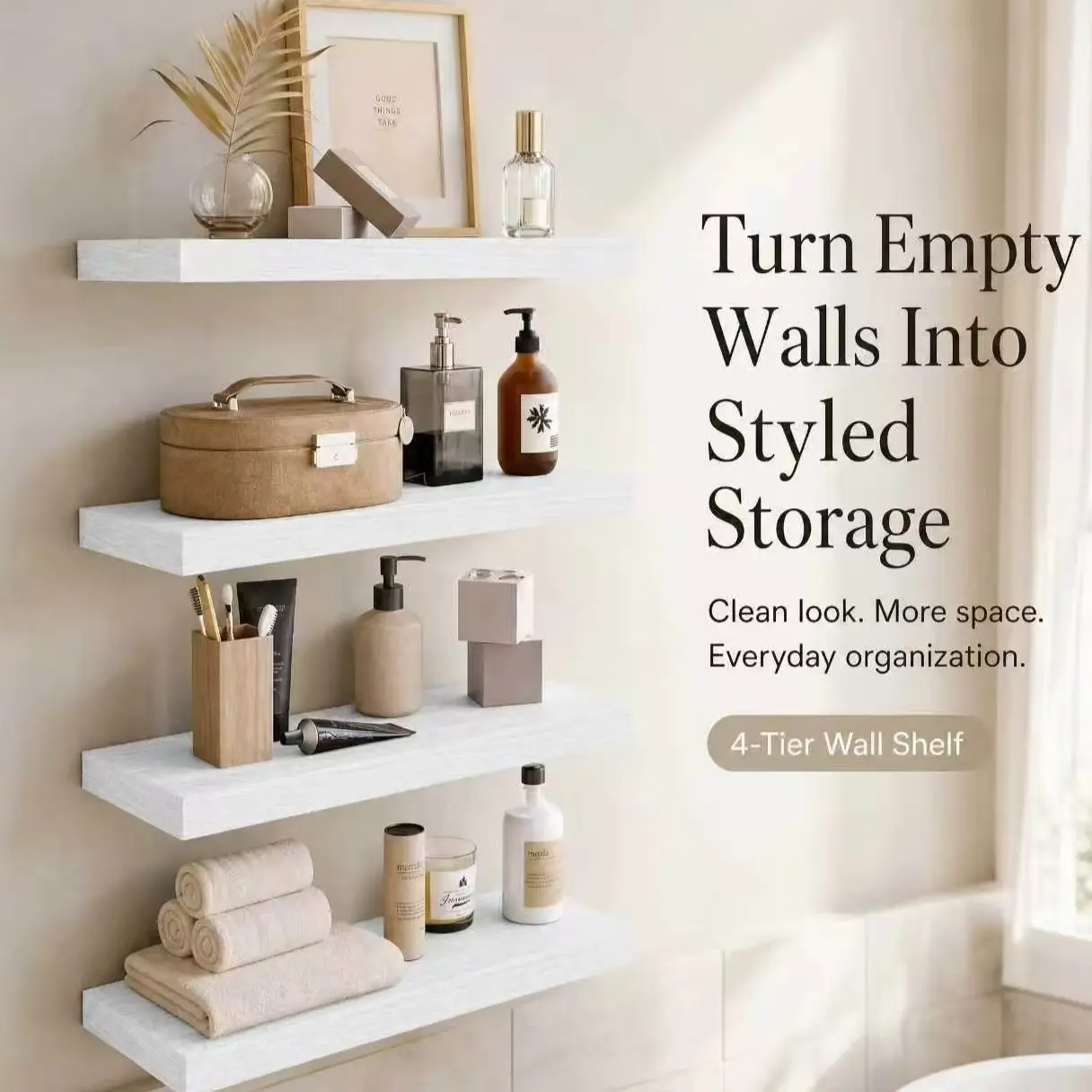4-layer wooden floating shelf with hidden brackets, wall-mounted home storage rack, Space Saving Design, easy to install, suitable for bathroom, bedroom, kitchen, living room, and restroom wall decoration