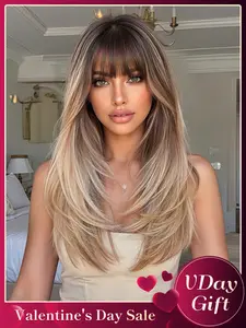 22 Inch Straight Hair Wig with Bangs, Heat Resistant Synthetic Fiber, Fashionable Natural Look, Stylist Friendly Wig, Medium Length, Curly Design, Synthetic Material Wigs, Premium Synthetic Wigs, Synthetic Machine Wigs