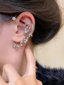 Silver Color Hollow Butterfly Earrings, Full Rhinestone Design, No Piercing Clip-On Jewelry, Elegant Commuter Ear Accessories