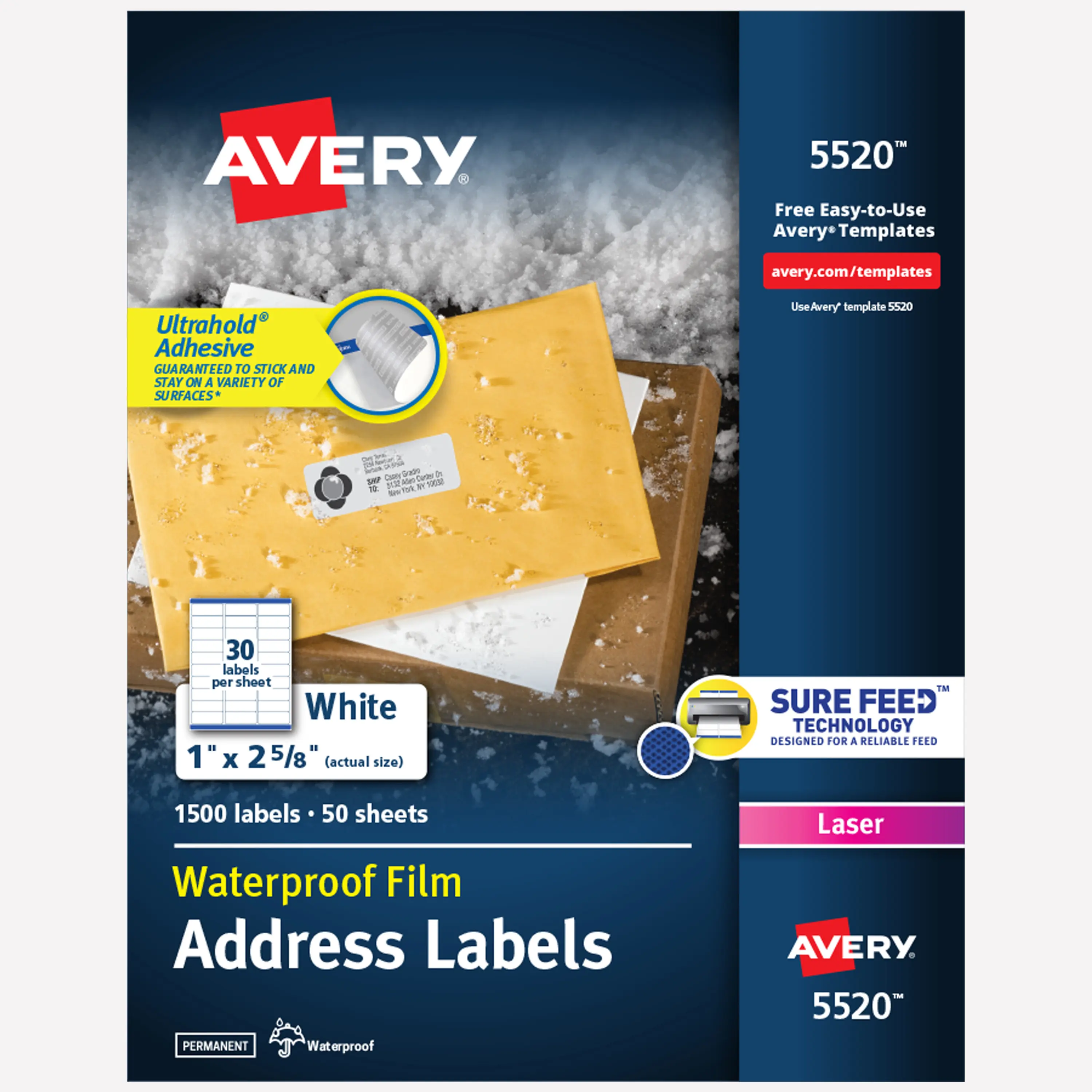 Avery Durable Waterproof Address Labels with Sure Feed Technology, 1" x 2-5/8", White, Laser & Pigment-Inkjet Compatible, 1,500 Blank Labels Total (5520)