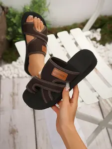 Women's Breathable Mesh Fish Mouth Slip-On Sandals, Soft Sole Beach Slippers, Korean Style Textile Upper, Durable Rubber Sole