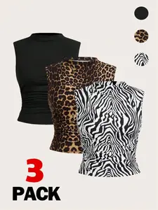 Women's Solid Color/ Leopard /Zebra Stripe Print Tank Top, Casual Sleeveless Top for Summer, Ladies Clothes for Daily Wear