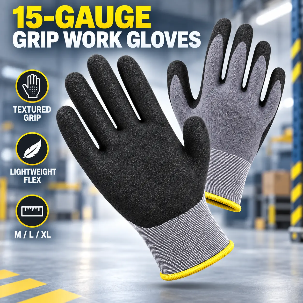 15-Gauge Nitrile-Coated Work Gloves, Textured Grip, Lightweight Breathable Knit Gloves for Warehouse, Gardening, Mechanic and DIY, 1 Pair