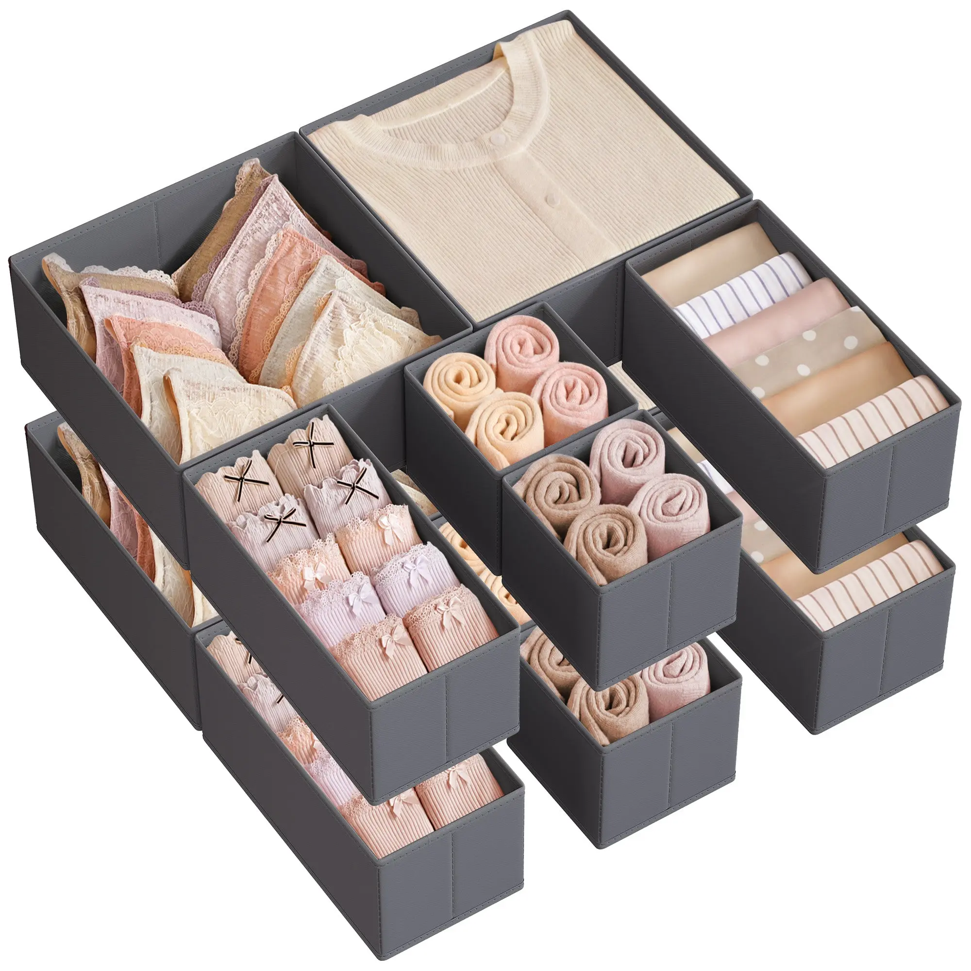 SONGMICS Modern Dresser Drawer Organizer Set of 12 - Collapsible Fabric Clothes Organizer Boxes for Socks, Underwear, Bras - Slate Gray URDZ006G03, Collapsible Storage Organizer