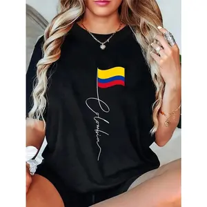 🎉 100% Cotton Casual Tshirt Colombia Signature Flag Pole - Patriotic Colombian Flag T-Shirt