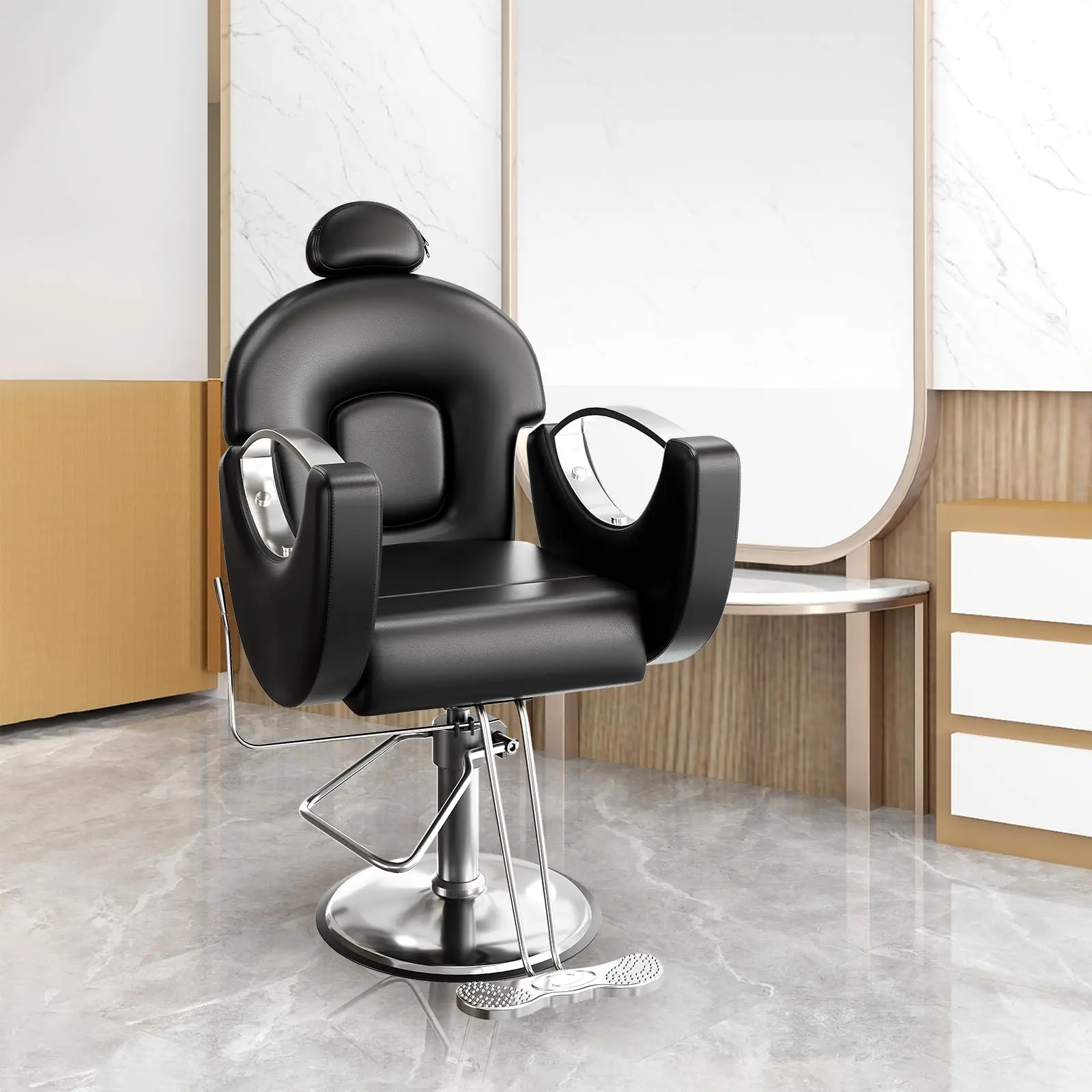 Garvee Hydraulic Reclining Salon Chair – 360° Swivel, Adjustable Height, Headrest & Footrest, Heavy-Duty PU Leather, 330LB Capacity, Comfortable & Wear-Resistant, Barber Chair For Home, Beauty Salon Equipment, Hydraulic Styling Chair