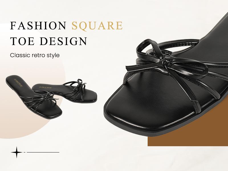 Women's Strappy Sandals Square Open Toe Bow Sandals for Women Dressy Summer Flat Sandals for Beach Vacation