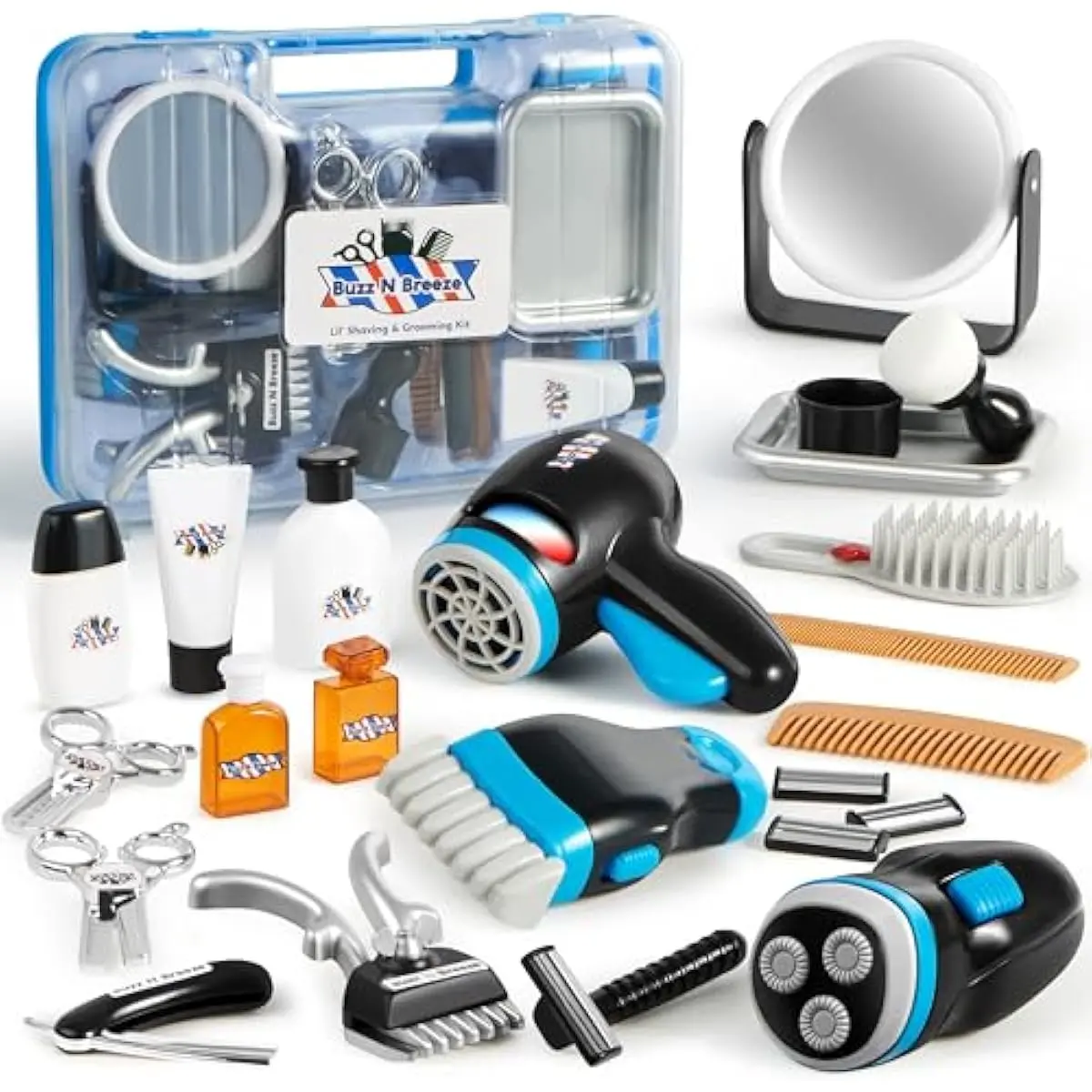 Barber Shop Pretend Role Play Toy, 23 Pcs Kids Shaving Kit for Boys, Haircut Kit for Boys 3+ Year Old Birthday Gift, Upgraded Toddler Role Play Set with Storage Box