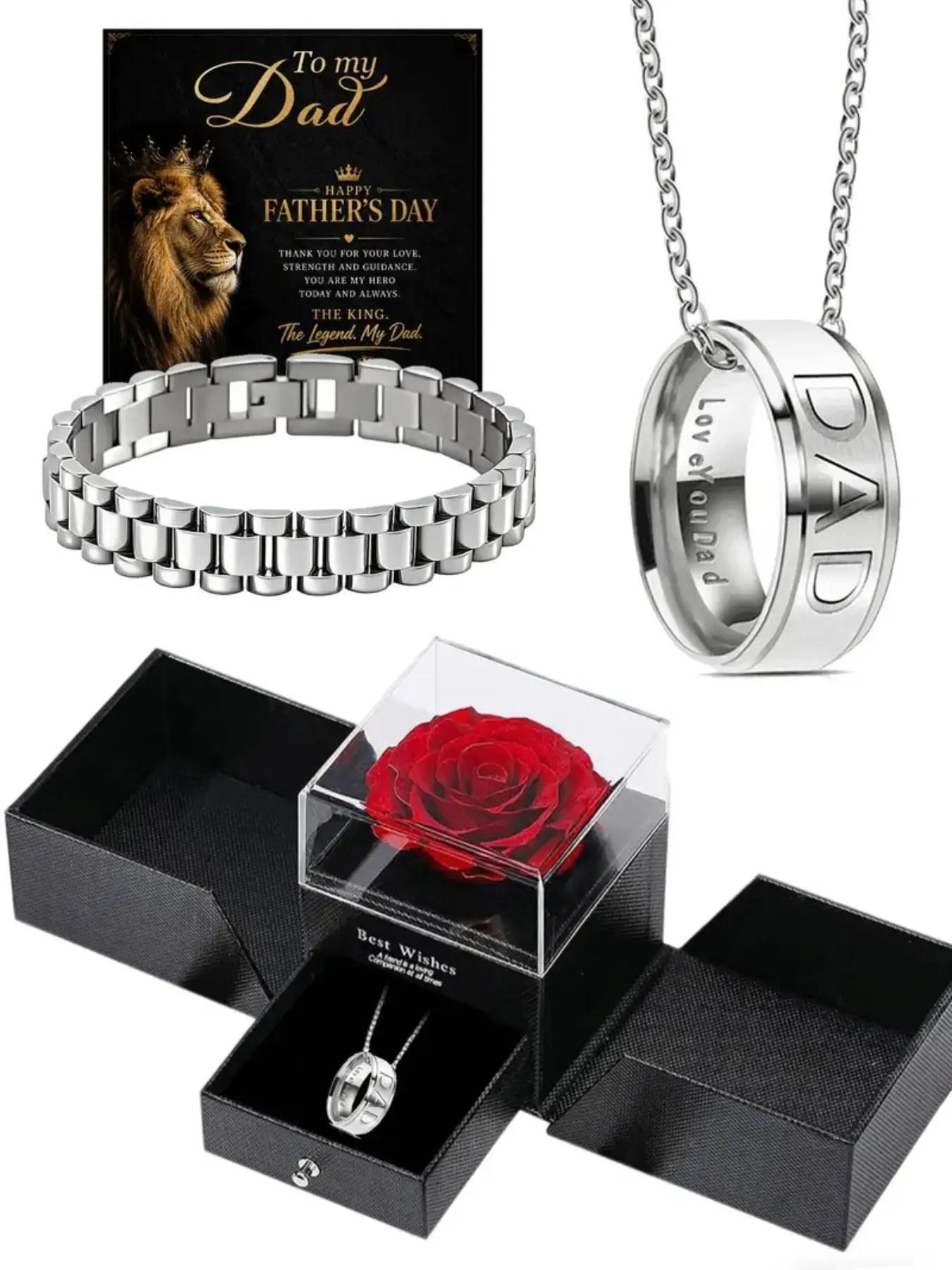 Father's Day Gift Set, Engraved Dad Necklace, Stainless Steel Bracelet, Preserved Rose, Gold/silver/, Waterproof, Allergic Safe, Jewellery Gift Set