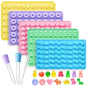 Silicone Gummy Molds Set of 5, Non-stick Candy Chocolate Molds with 2 Droppers 1 Clean Brush, Includes Dinosaur Bear Donut Fruit Heart Shape