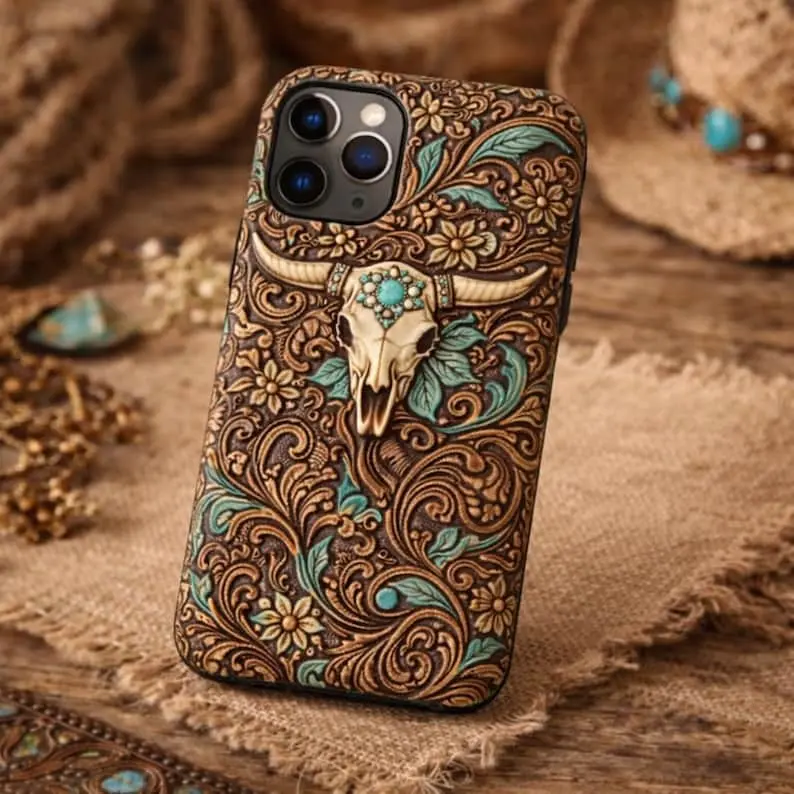 Long Horn Bull Skull Western Cowgirl Floral Tough Phone Case, Turquoise Tooled Leather Print Style Cover for Iphone 17 16 15 14 13 12 11 Pro, Phone Accessories
