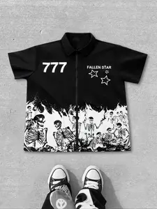 Men's Skull & Star Print Zip Up Shirt, Loose Casual Street Short Sleeve Collared Top for Daily Wear, Fashion Men's Clothes for All Seasons, Menswear, Casual Comfy Shirt, Casual Style Shirt, Casual Graphic Shirt