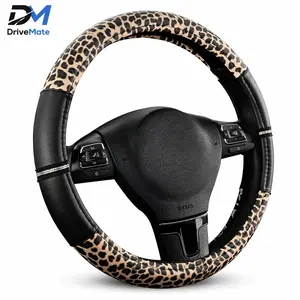 DriveMate Leopard Print Steering Wheel Cover, PVC Leather Anti-Slip Car Steering Wheel Cover, Universal Fit 14.5‑15 Inch, Black Cheetah Car Interior Accessories