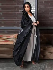 MQ049(1Pc Black Satin Open Abaya, Women Oversized Wide Sleeve Long Kimono Robe, Luxury High‑End Modest Wear For Daily & Evening Occasions)