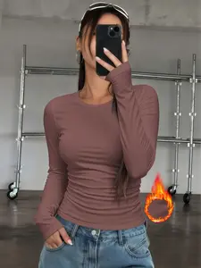 Women's Casual Thermal Warm Underwear Top, Classic Round Neck Long Sleeve Shirt, Solid Color Simple Base Layer, Suitable for Home & Outdoor Wear