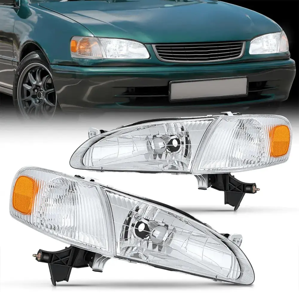 Nilight 1998 1999 2000 Toyota Corolla Headlight Assembly Chrome Housing Amber Reflector Upgraded Clear Lens