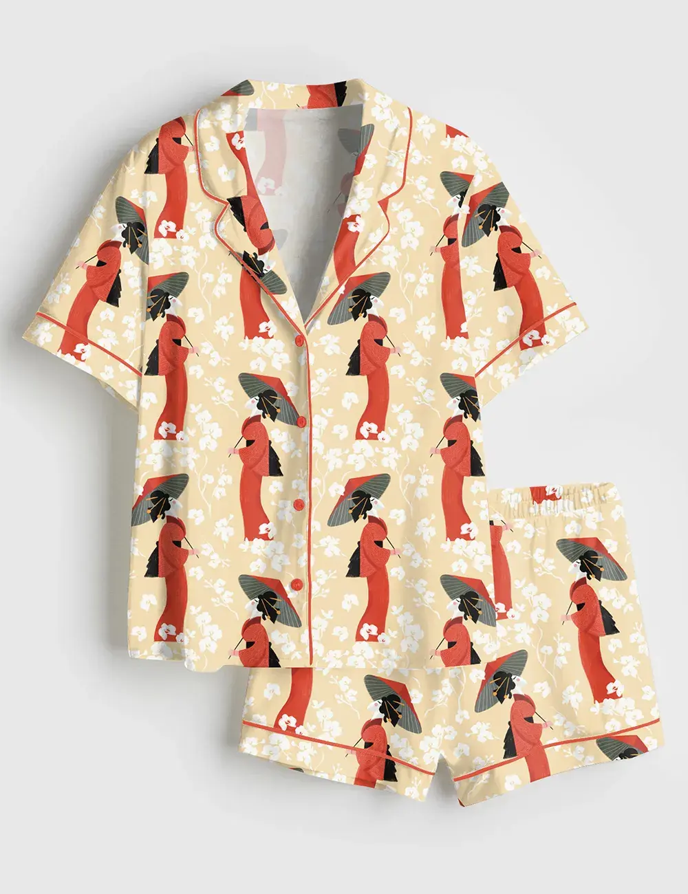 Tokyo Sights Japanese Kimonos And Traditional Umbrellas Short and Long Sleeve Pajama Set, Sleepwear for Women
