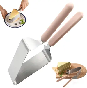 Pink Double Handle Cake Cutter Slicer - Flat Blade Stainless Steel Cake Knife and Server for Wedding, Birthday, Cheesecake - Non-Slip PP Handle, Smooth Cut Dessert Tool