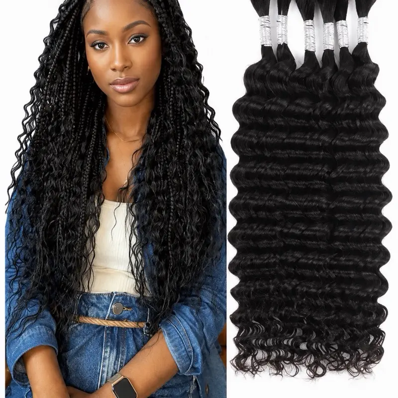 100% Human Deep Wave Braiding Hair | 18” No Weft Bulk Hair | 6 Bundles | Natural Black | Boho Braids