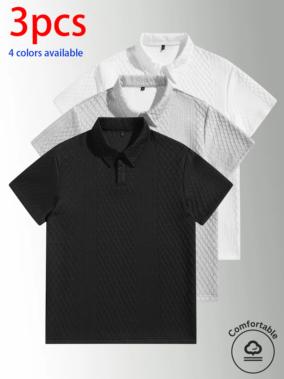 3-pack men’s summer tops: T-shirts, short-sleeve polo shirts, and casual short-sleeve polos.3D jacquard texture design, loose fit that flatters the figure and is versatile, suitable for various body types.Solid color collared short sleeves, available in m
