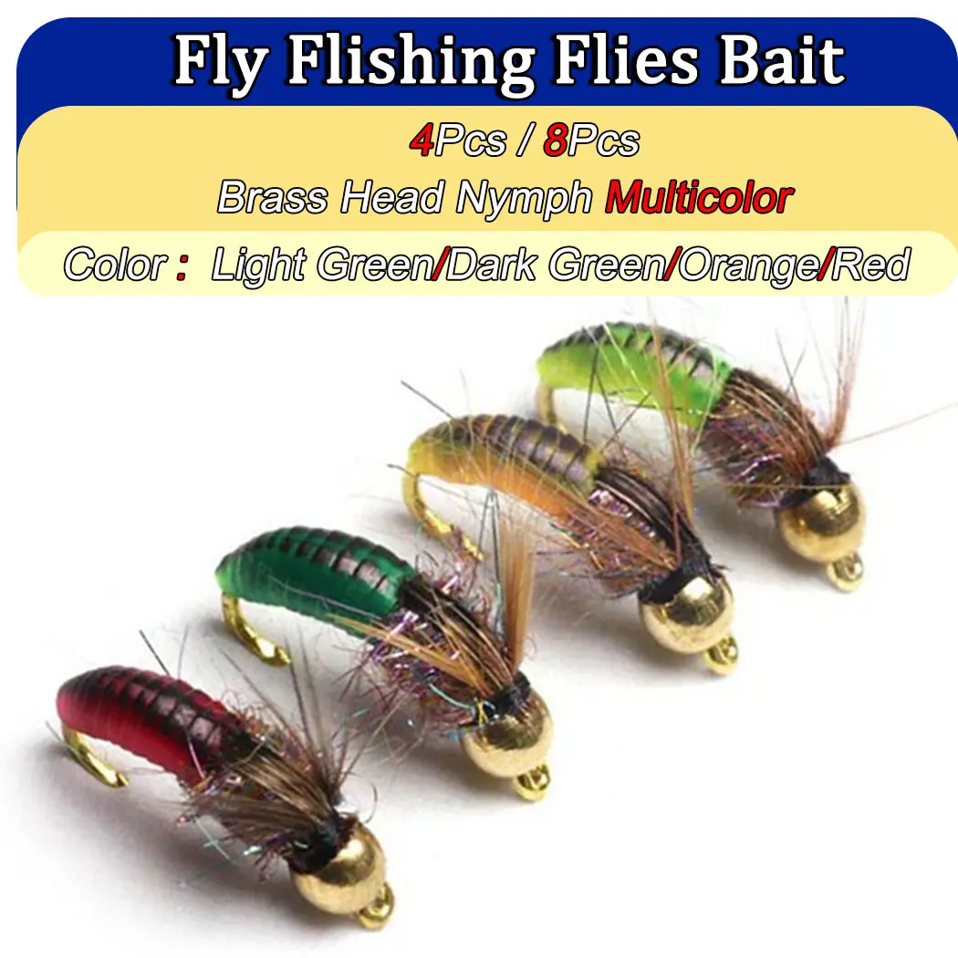 4/8Pcs Brass Bead Head Nymph Fly Flies for Trout Fishing Nymphing Artificial Insect Bait Lure Material Artificial Feather&Rayon Fishing Lures