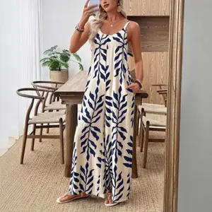 Women's Boho Tropical Print Jumpsuit, Sleeveless Wide Leg Beach Vacation Romper, Flowy One Piece Outfit