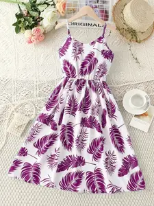 Girls Summer Leaf Print Sleeveless Dress, Casual Elastic Polyester Blend, Shoulder Cut Out, Knee-Length, Perfect for Parties and Beaches, Soft Polyester Dresses