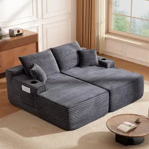 69" Double Chaise Lounge Chair Indoor, Boneless Sofa Bed with Cup Holder Loveseat Sleeper Reading Chairs Comfy Cloud Sofas Couches for Living Room No Assembly Required Plush Corduroy