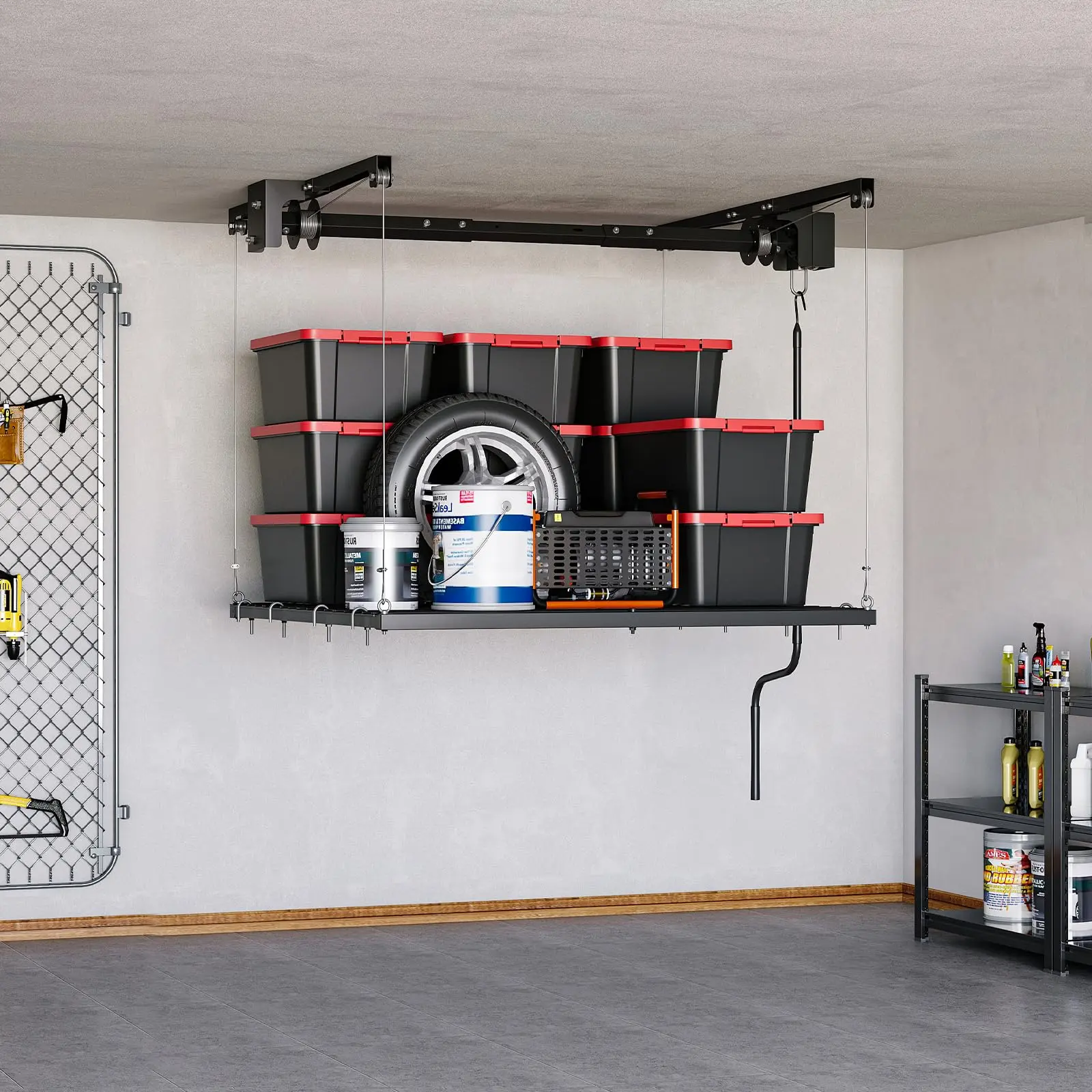 Steel 4x4 ft Overhead Garage Storage Rack, Adjustable Heavy-Duty Ceiling-Mounted Rack with Safety Lock, 250lb Capacity for Garage, Attic