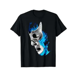 Mex-Art Demon Blue Lucha Libre Mexican Wrestler Graphic T-Shirt (Mens) - 100% cotton soft breathable regular fit casual tee with vibrant mask print, double needle seams, machine washable, sizes S-3XL, wrestling t-shirt, everyday wear top, durable fabric s