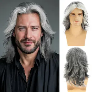 Mens Wig Grey Long Straight Synthetic Heat Resistant Costume Cosplay Hair Wig