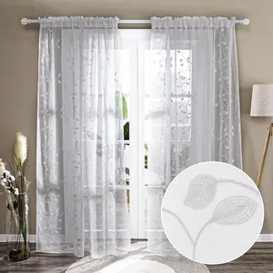 Deconovo Floral Sheer Curtains with Leaves Pattern Rod Pocket Embroidered Sheer Curtain Drapes for Sliding Glass Door - 2 Panels