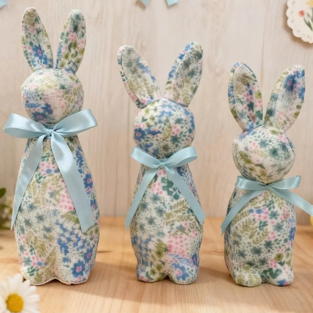 Easter Bunny Decorations Set of 3 - (12", 10", 9") Flocked Bunnies with Flower & Grass Patterns for Spring Table Centerpieces, Indoor Outdoor Garden Decor, Easter Home Accents & Party Supplies