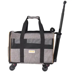 VEVOR Cat Carrier with Wheels, Airline Approved Rolling Pet Carrier with Telescopic Handle and Shoulder Strap, Dog Carrier with Wheels for Pets under 22 lbs, with 1 Folding Bowl, Grey