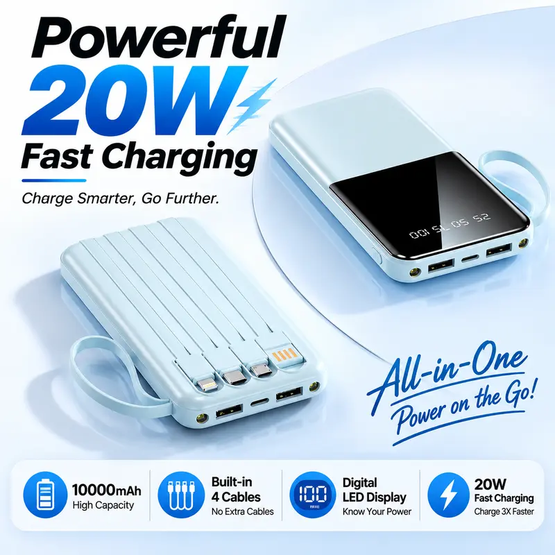 10000mAh Portable Power Bank, 20W Fast Charging with Built-in Cables for Smartphones, Tablets & USB-C Devices – Travel-Friendly Rechargeable Battery Pack DealsForYouDays sohochic
