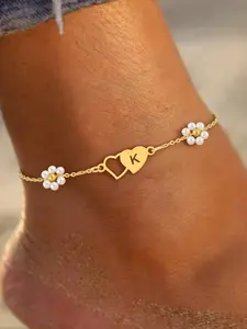 Women's Stainless Steel Ankle Chain, Elegant Heart Letter Pendant Flower Design, Fashion Accessory for All Seasons