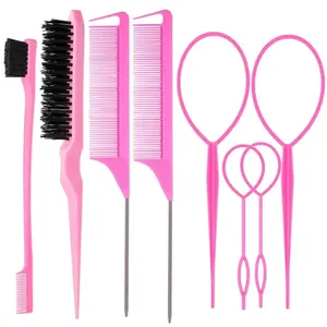 8-Pcs Hair Brush Set with 4 Topsy Hair Tail Tools, 1 Bristle Teasing Brush, 1 Edge Control Brush, and 2 Metal Pin Rat Tail Combs – Styling Kit for Women & Girls, Perfect for Edge and Back Brushing