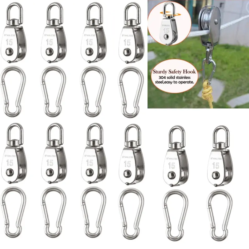 5/10 PCS M15 single pulley device, 304 stainless steel lifting pulley, wire rope suspension pulley wheel, equipped with 5/10 spring hook clips Carabiner