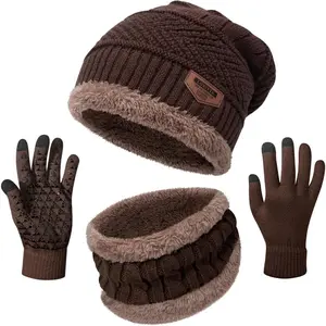 Unisex 3-Piece Knitted Thermal Winter Accessory Set - Warm Hat, Scarf, Touchscreen Gloves for Cold Weather, Black