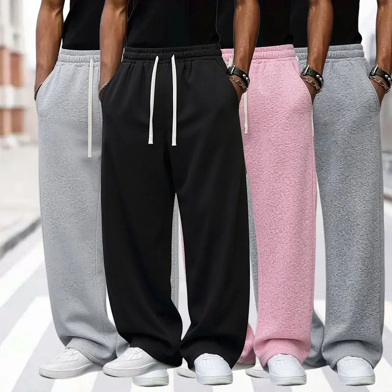 Men’s textured jacquard wide-leg sweatpants, American high-street casual style, soft skin-friendly drapey fabric, elastic drawstring waist design, loose straight fit that conceals curves and looks slimming, suitable for young men for everyday streetwear,