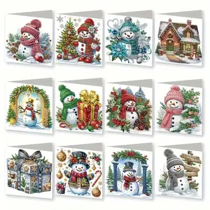 12 Piece Christmas Painting Set Crystal Snowman with Themed Greeting Card, Unique Marseille Design, Irregular Shaped Diamond on Paper, Contains Hand Tools, Suitable for Family and Friends