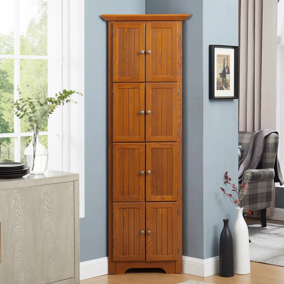 24.4*12.2*72 Inch 4‑Tier Corner Pantry Cabinet, 8‑Door Tall Storage Cabinet with Vintage Metal Handles, Oak Finish Freestanding Kitchen Storage Organizer