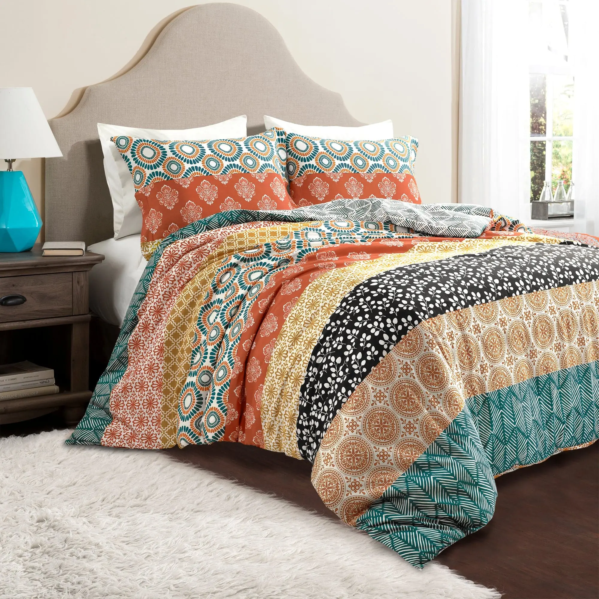 Lush Decor 100% Cotton Bohemian Stripe Reversible Duvet Cover Set - Vibrant Rainbow Colorful Print, OEKO-TEX Certified, Machine Washable Boho Bedding Set for Teen Rooms