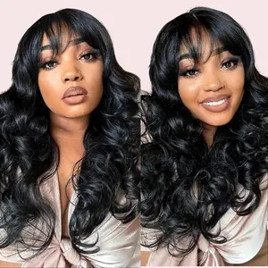Body Wave 2x4 Lace Front Human Hair Wigs with Bangs for Women Ready to Wear and Go Lace Closure Wigs with Bangs 180% Density Closure Middle Part