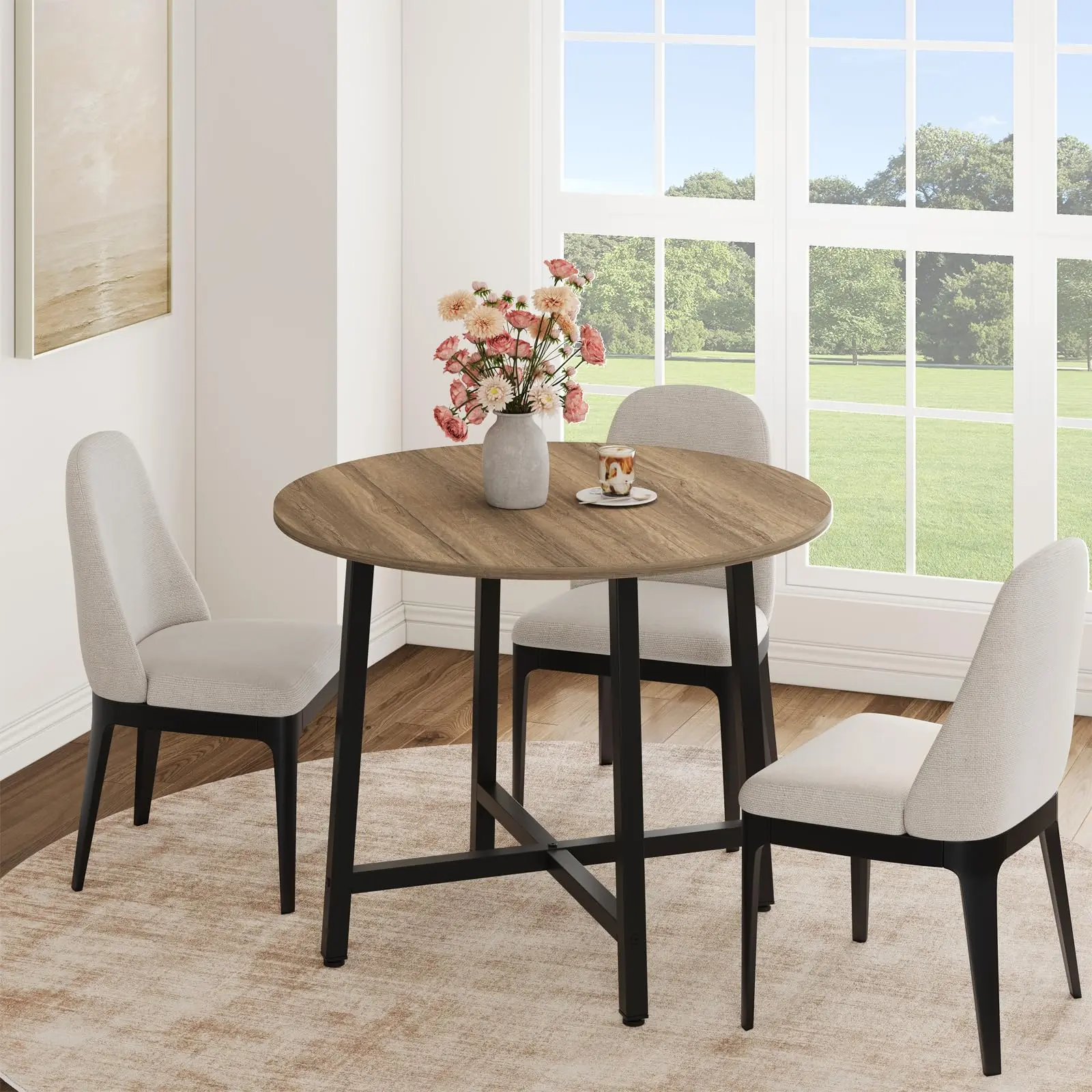Garvee Small Round Dining Table for 4, 31.5 Inch Kitchen Table Ideal for Small Spaces, Modern Farmhouse Style with Water-Resistant Wood Surface and Sturdy Steel Frame, Perfect for Breakfast Nook in Rustic Oak Finish